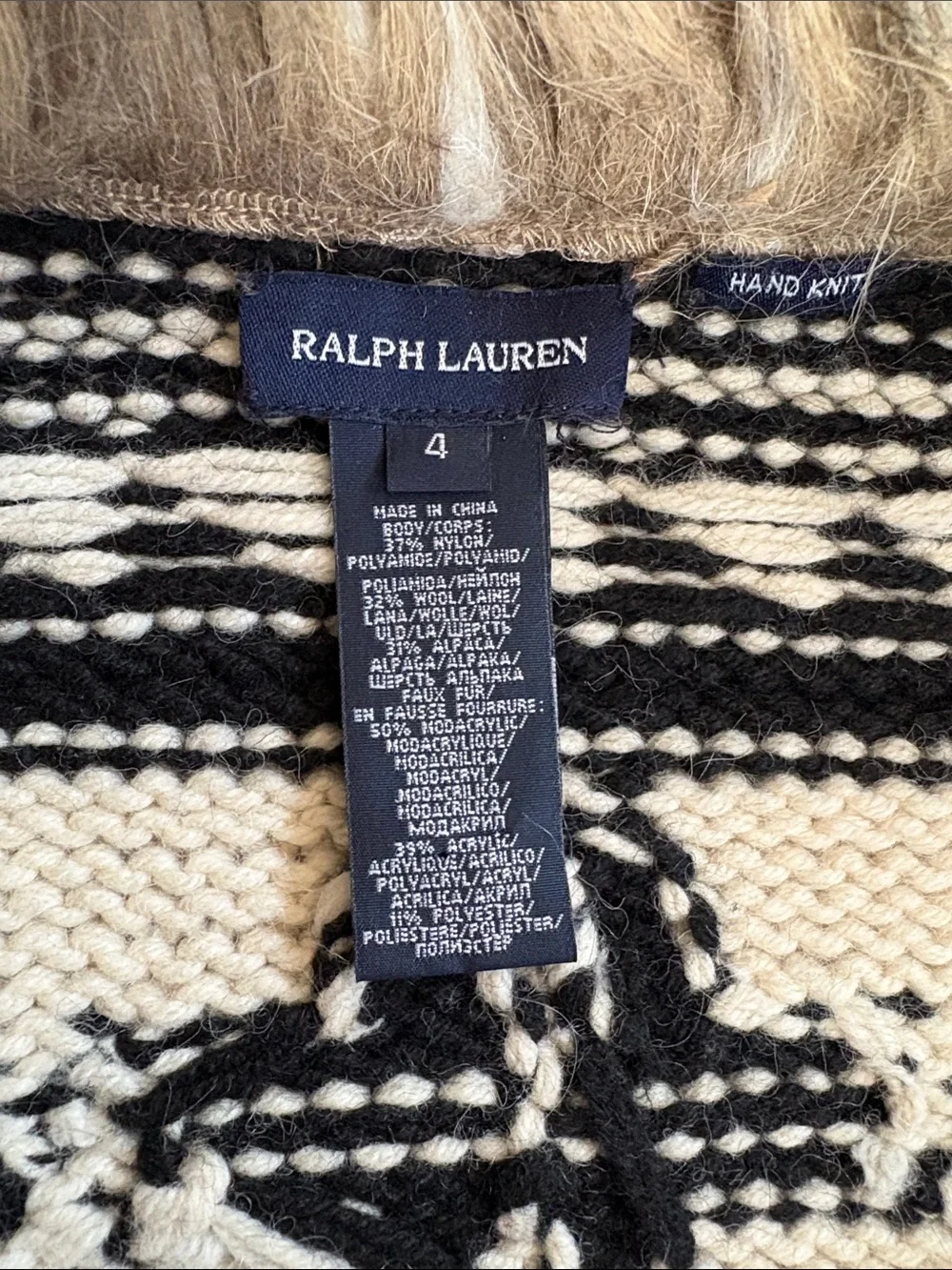 Ralph Lauren kids black and white hand knit cropped sweater with faux fur collar
